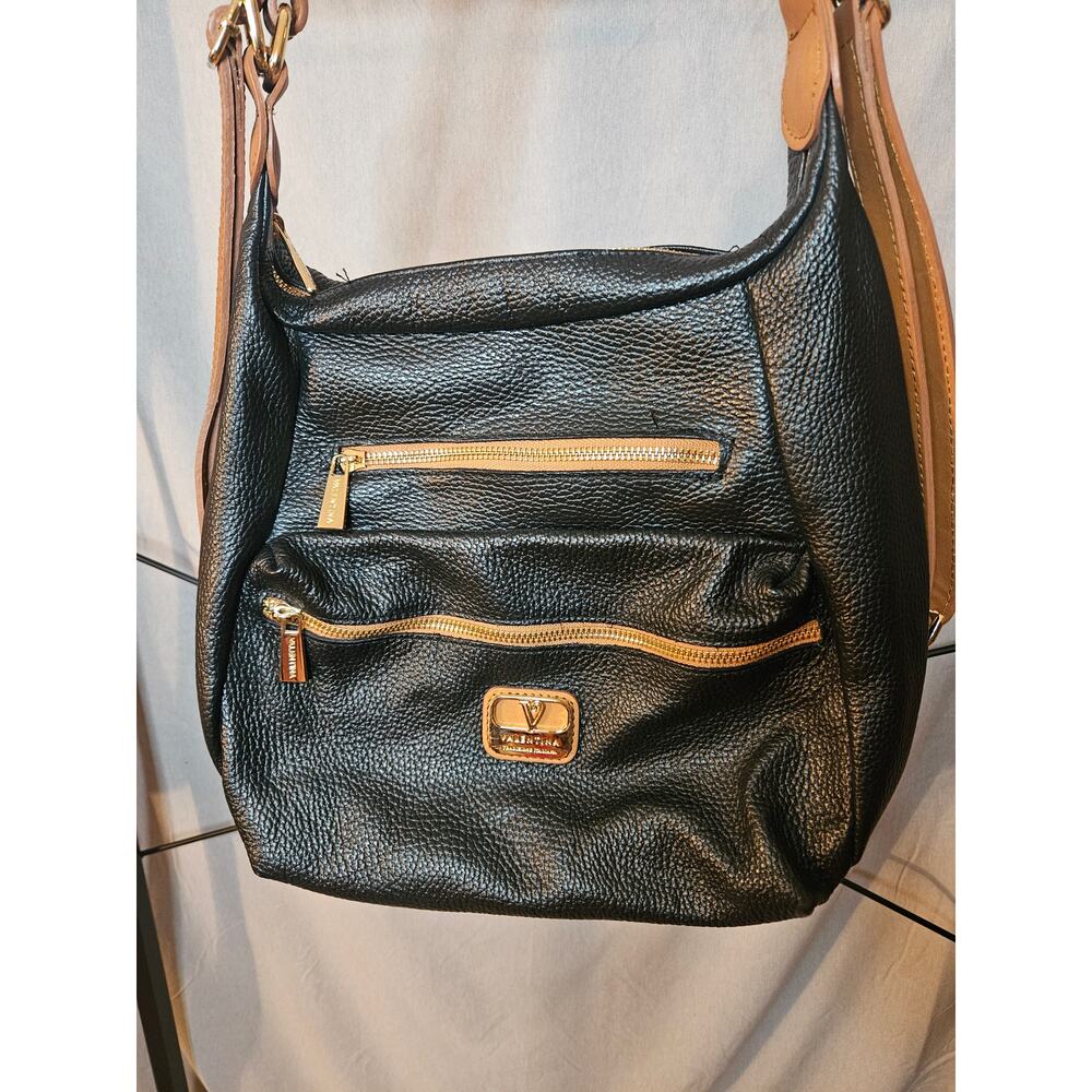 Valentina Black & Brown Pebbled Leather Shoulder Bag - Picture 2 of 11